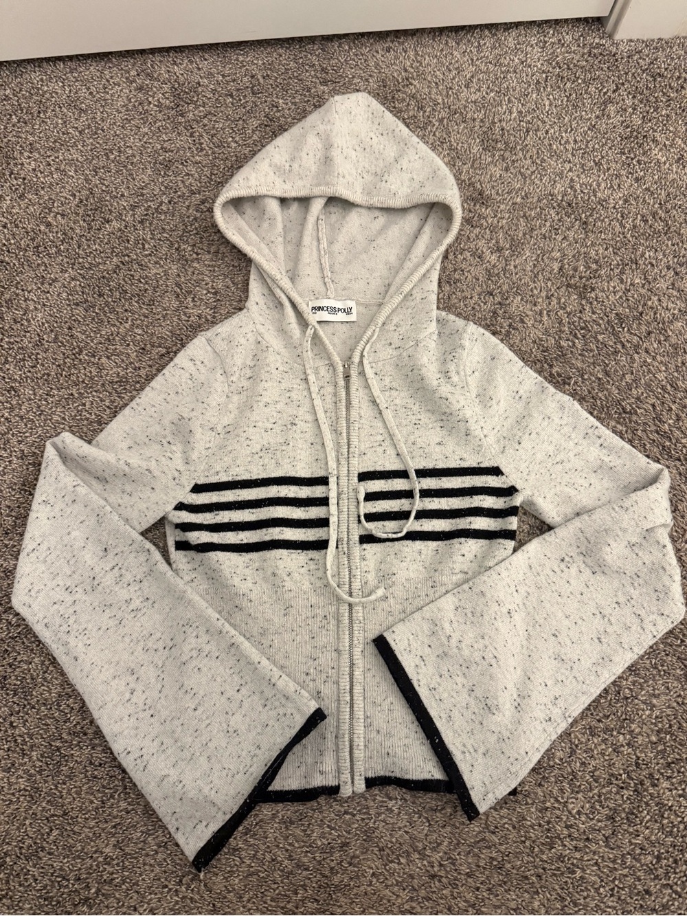 Princess Polly Speckled Gray Hooded Zip Cardigan with Black Stripes